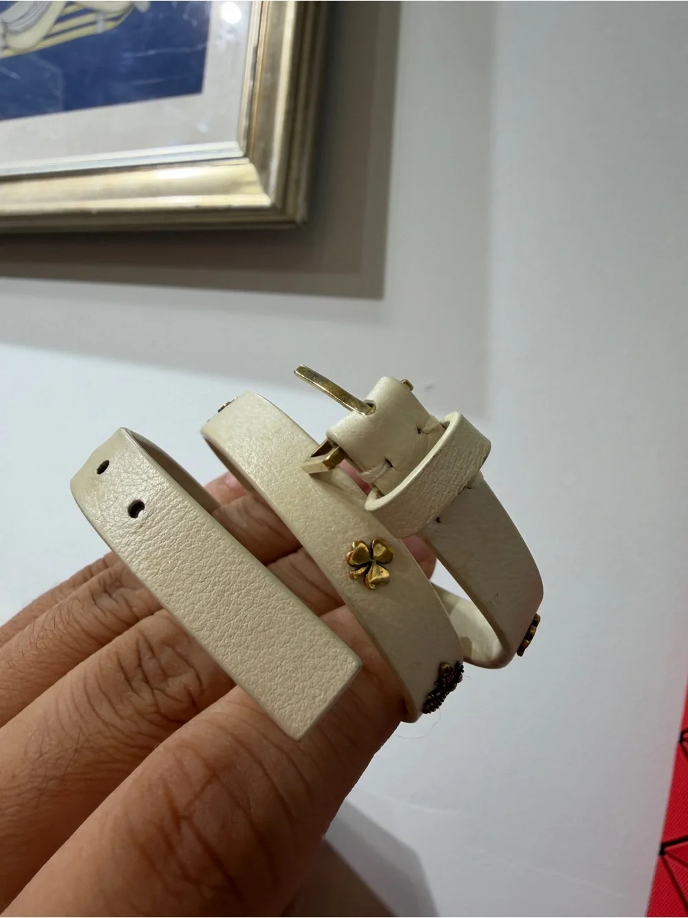 Dior Cream Double-Wrap Leather Bracelet with Gold Bee & Flower Studs